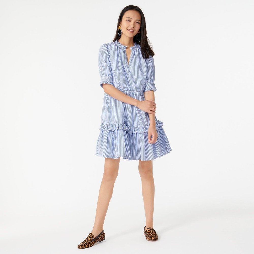 J Crew Ruffleneck Tiered Stripe Popover Dress